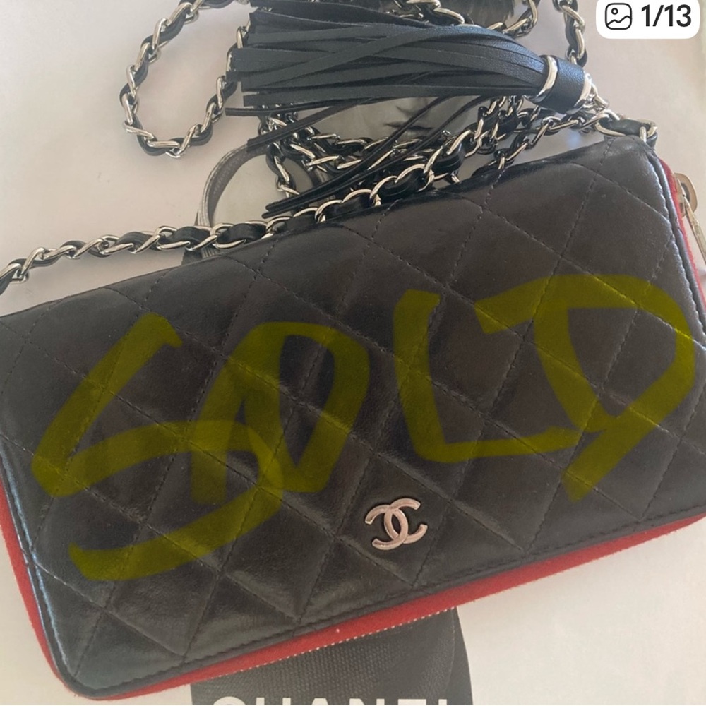 Authentic Chanel Black Matelasse Leather Wallet With Chain . Customized